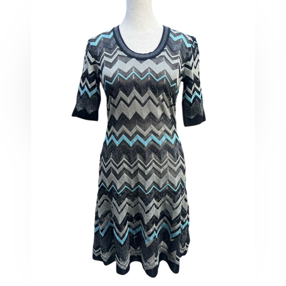 M MISSONI Metallic Chevron Zig-Zag Half-Sleeve S/M Dress Italian Chic Designer